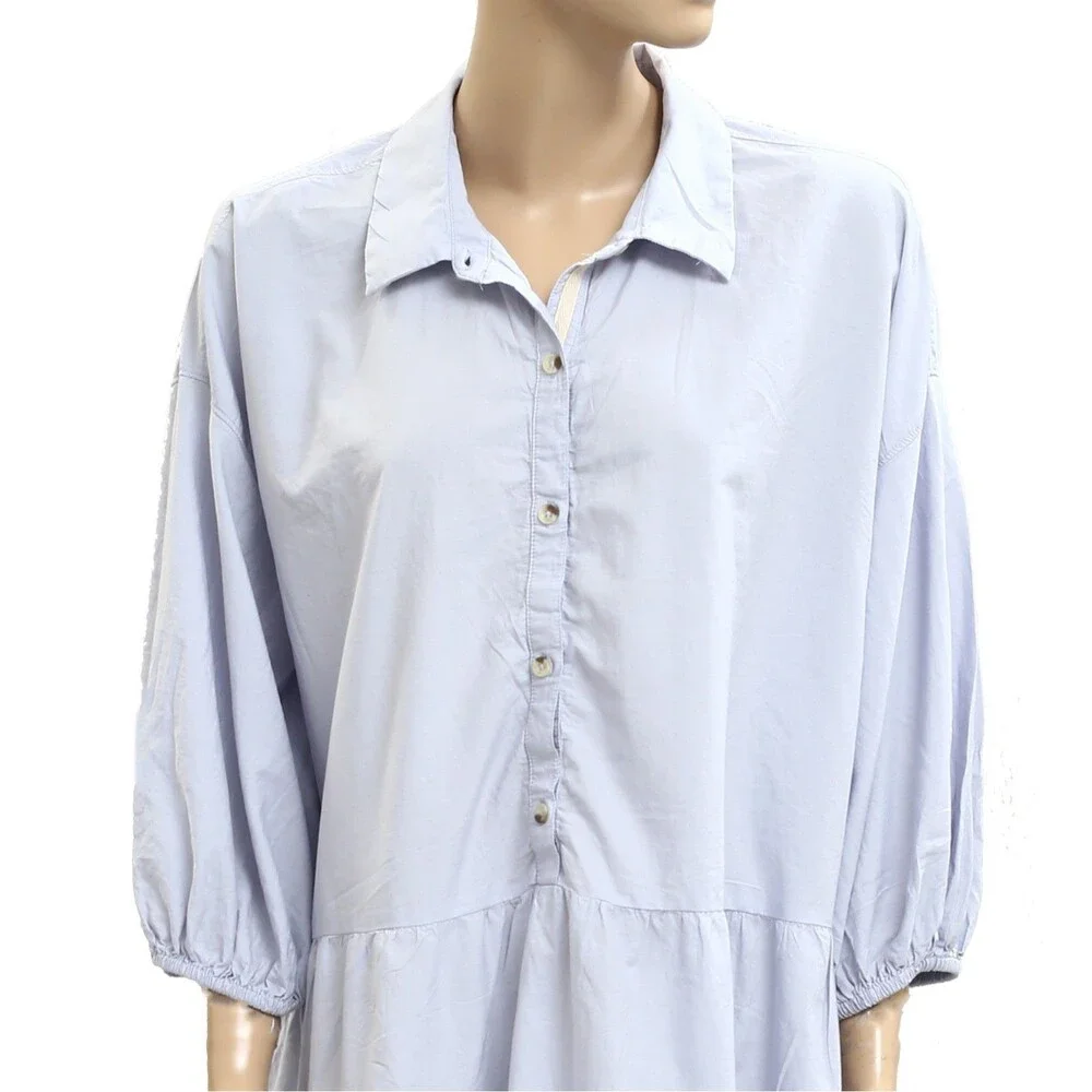 Free People Free-est Misha Mini Dress Cotton Tiered Puff Sleeve Blue L 283405 - Picture 3 of 6